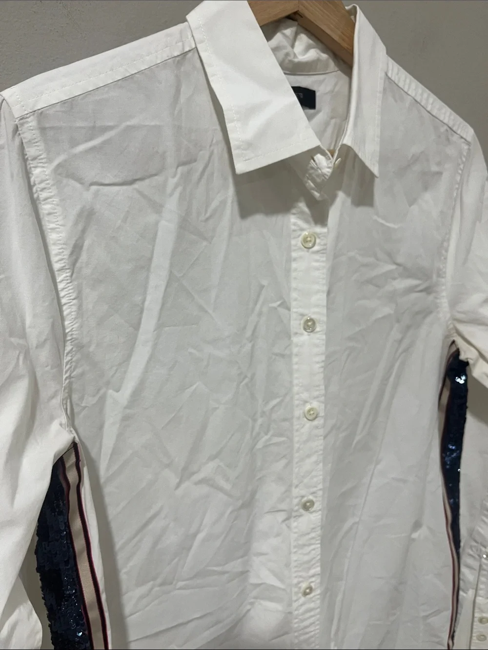 J. Crew White Button-Down Shirt with Navy Sequin Side Trim